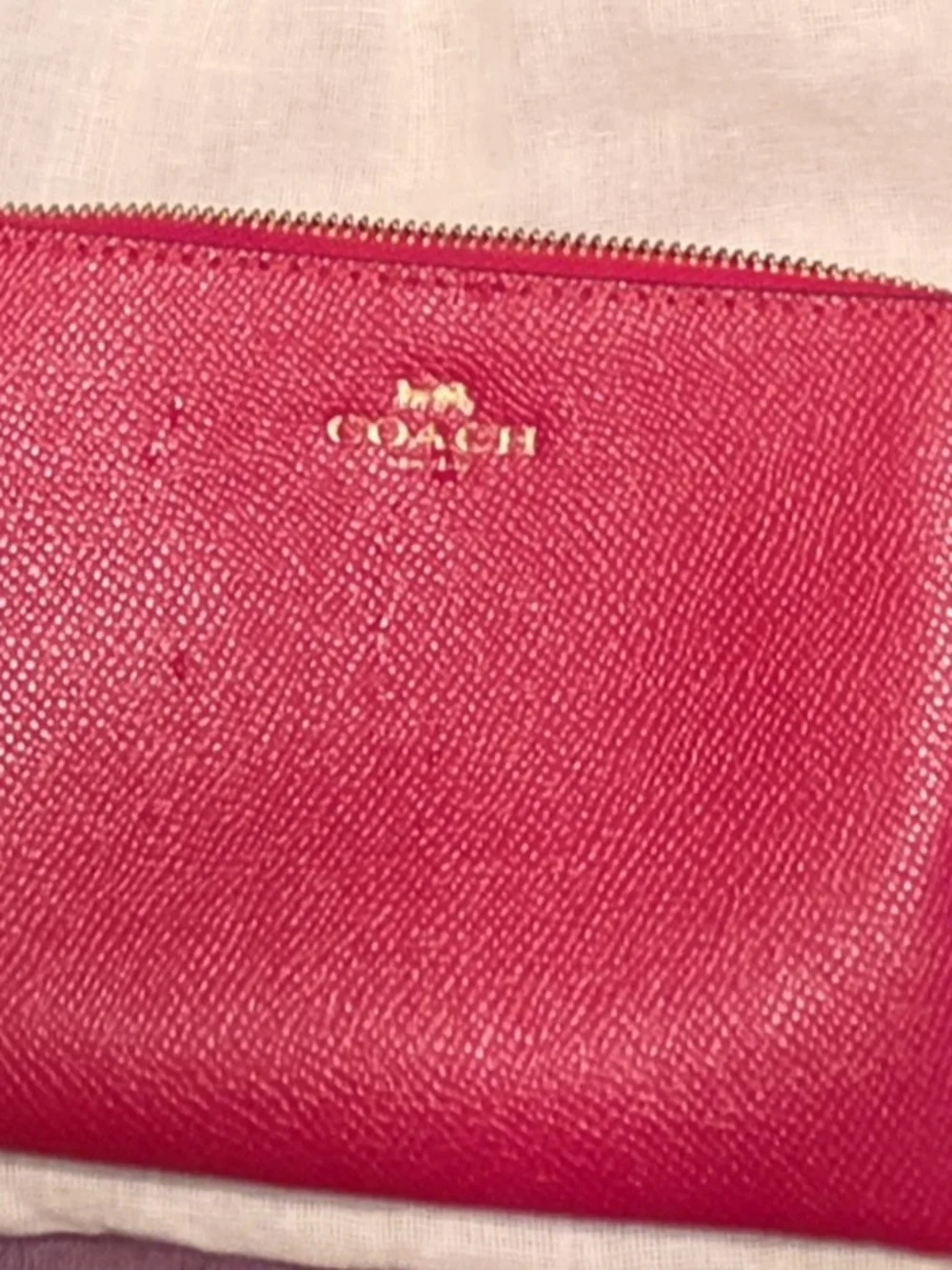 COACH Bright Pink Leather Zip Pouch with Gold Logo